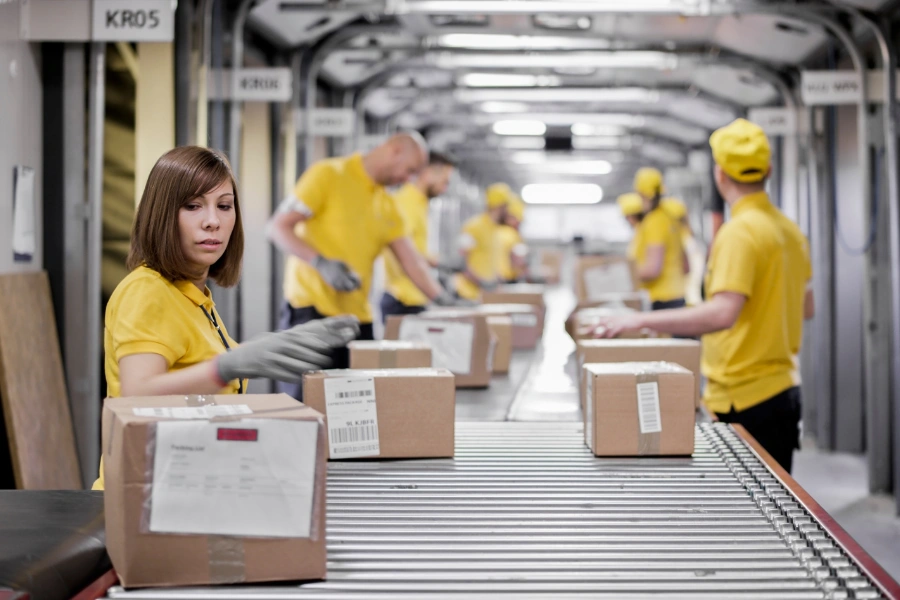 یک شرکت صنعتی با تعدادی کارمند که یونیفرم زرد پوشیده اند و بالای سر دستگاه توزین نوار ایستاده اند و جعبه ها را مارک گذاری می کنند.