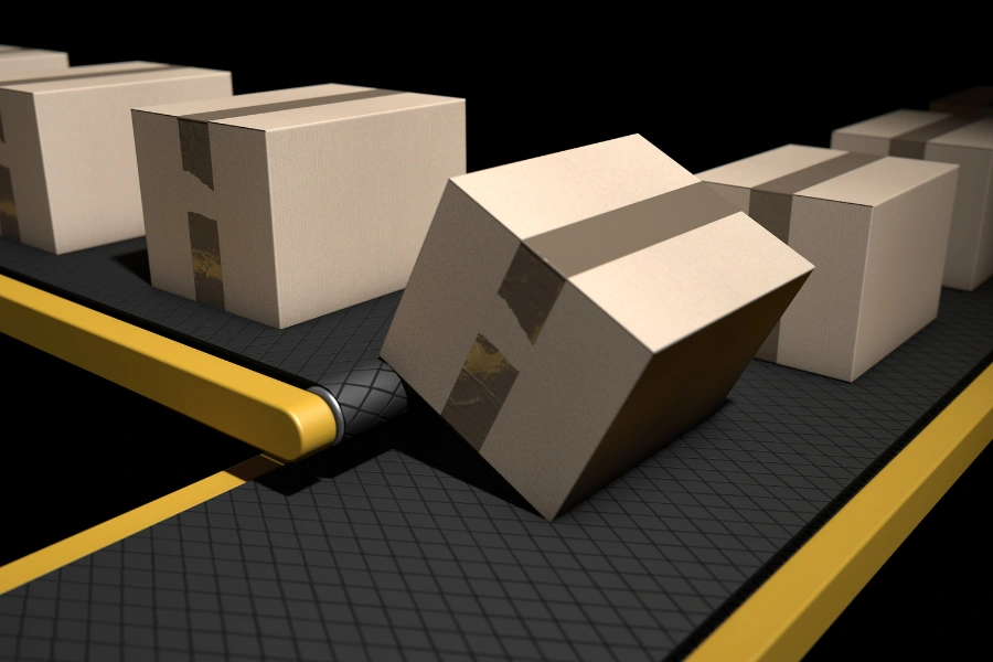 یک تصویر شبیه سازی شده از تعدادی جعبه مقوایی بر روی یک سیستم توزین نوار نقاله با نوارهای زرد رنگ